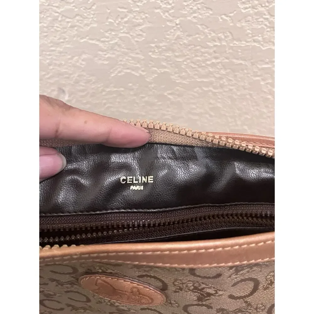 Vintage Celine Macadam Coated Canvas Clutch / Cosmetic Pouch Brown Leather Trim - Picture 5 of 6